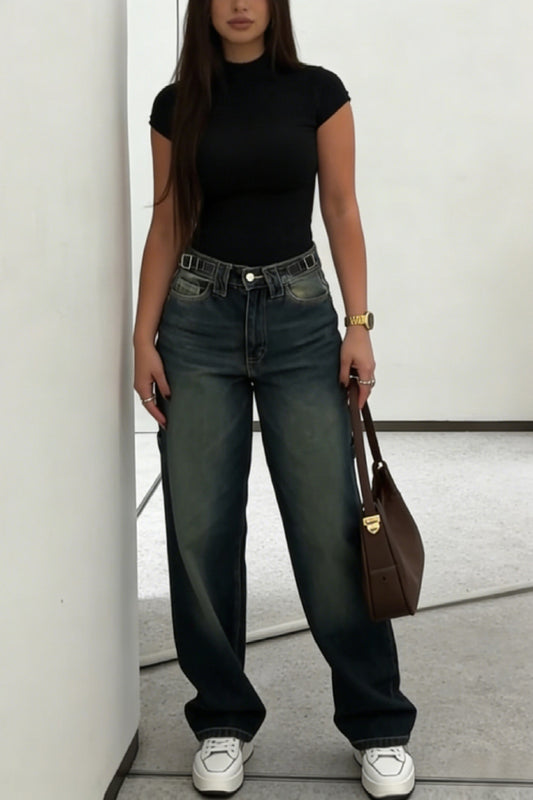 Cardydony Women's  Stylish High-waisted Loose-fitting Pocket Casual Straight-leg Wide-leg Jeans