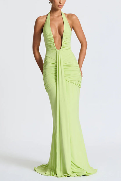 Cardydony Women's Solid Color Elegant Halterneck V-neck Open Back Tie Gathered Maxi Dress