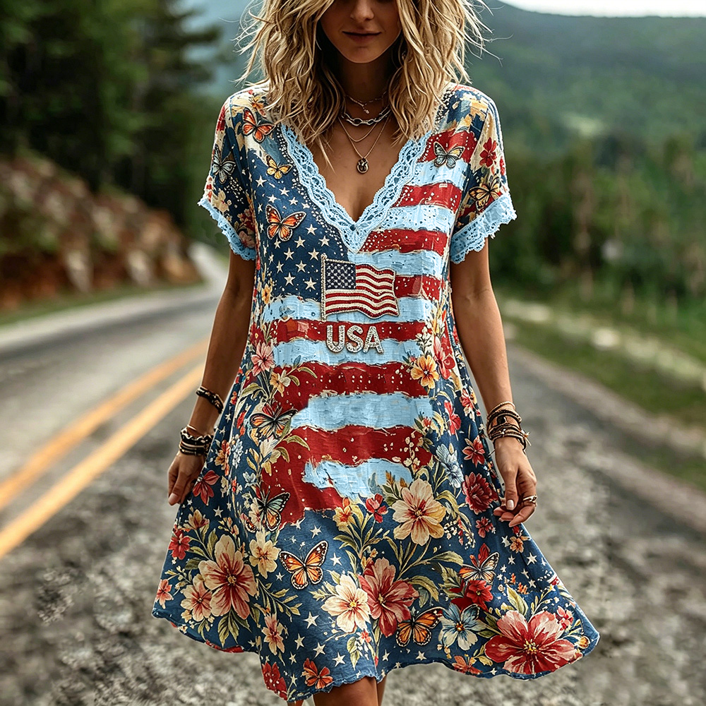 Cardydony Women's American Anniversary Art Distressed V-neck Dress