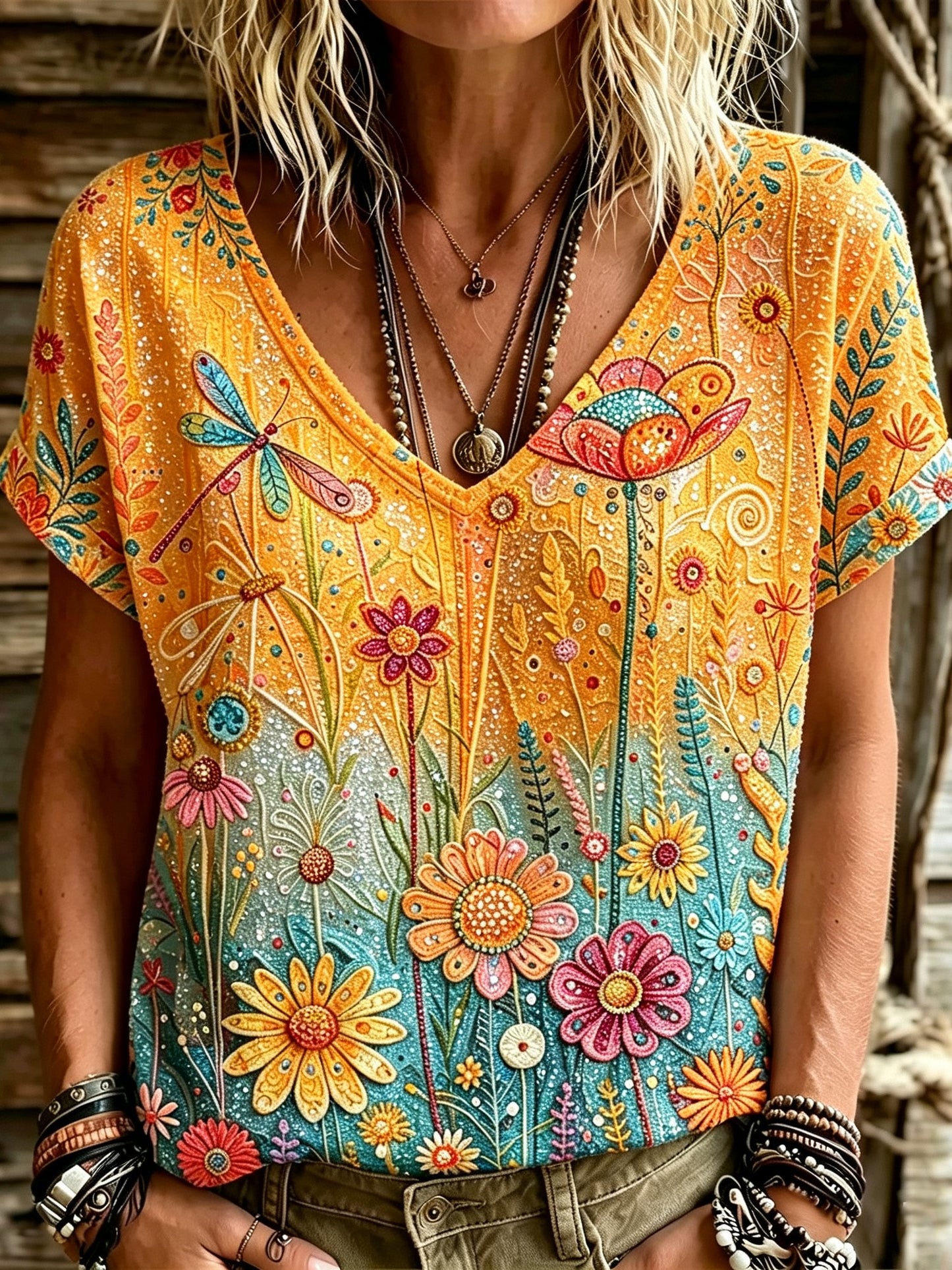 Cardydony Women's Retro Bohemian Hippie Style Floral Print Sequin V-neck Short-sleeve Top