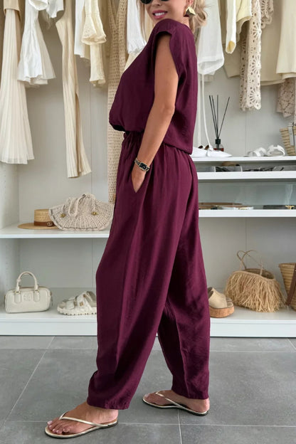 Cardydony Women's  Linen Blend Solid Color V-neck Short-sleeved Top and Elastic Waist Pocket Bloomers Pants Set