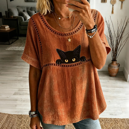 Cardydony Women's Hippie Black Cat Embroidery Art Linen Blend Crew Neck Tshirt
