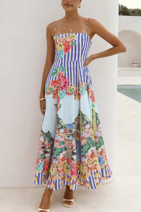 Cardydony Women's Unique Printed Spaghetti Strap Square Neck Casual Holiday Maxi Dress
