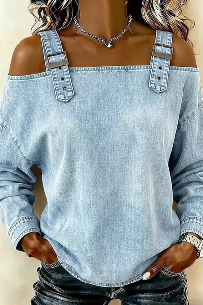 Cardydony Women's  Fashionable Faux Denim Off-shoulder Long-sleeved Loose Top