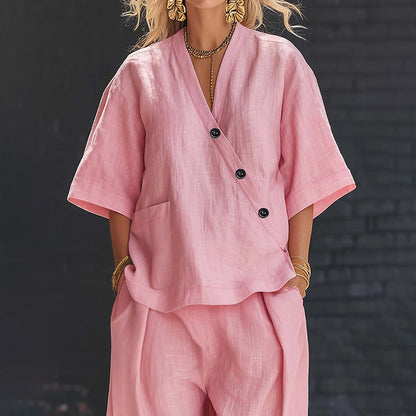 Cardydony Casual Solid Color V-neck Loose Short-sleeved Top And Trousers Two-piece Set