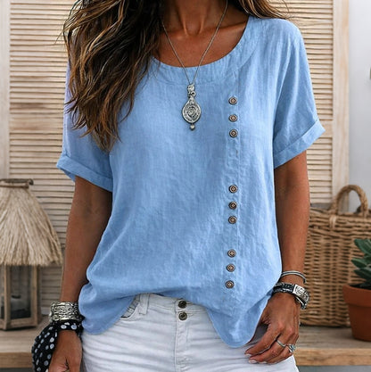 Cardydony Women's Solid Color Round Neck Button Design T-shirt
