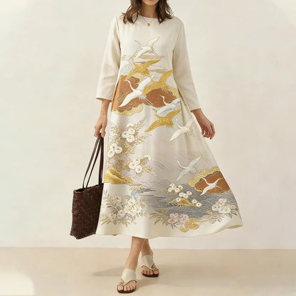 Cardydony Japanese Retro Floral With Crane Print Art Comfy Maxi Dress