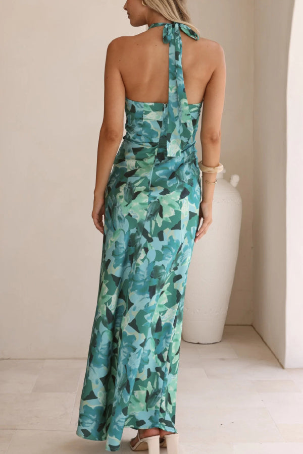 Cardydony Women's Floral Print Sleeveless Halter Neck Tie Holiday Maxi Dress