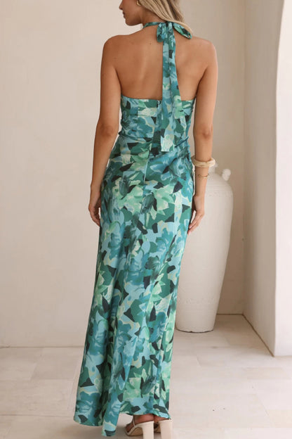 Cardydony Women's Floral Print Sleeveless Halter Neck Tie Holiday Maxi Dress