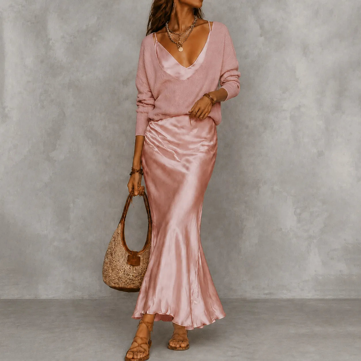 Cardydony Elegance Long-sleeved Knit Top + Satin Slip Dress Two-piece Set