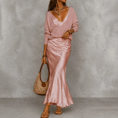 Cardydony Elegance Long-sleeved Knit Top + Satin Slip Dress Two-piece Set
