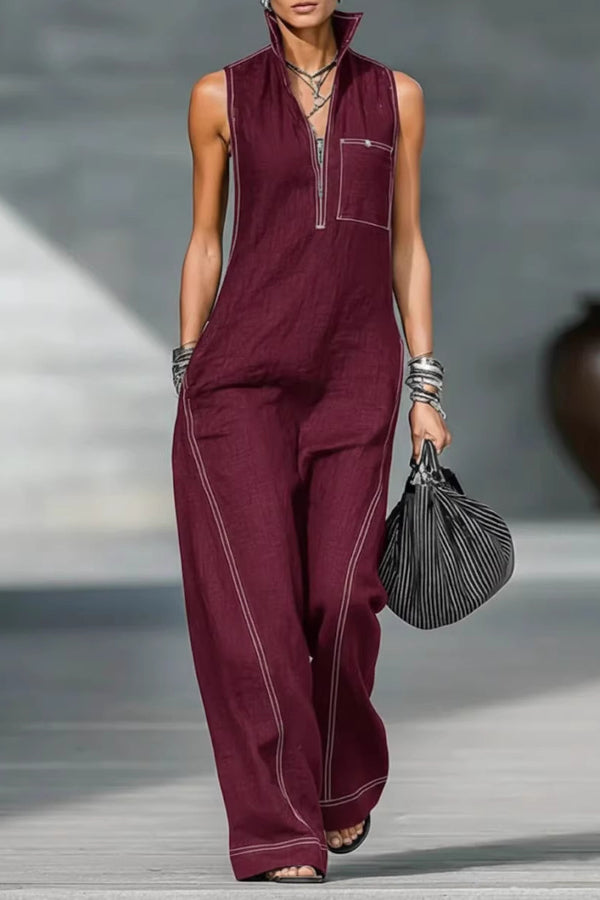 Cardydony Women's Solid Color Sleeveless Stand Collar Casual Pocket Loose Wide-leg Jumpsuit