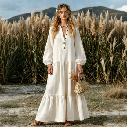 Cardydony Women's Cotton And Linen Retro Casual Long-sleeved Dress