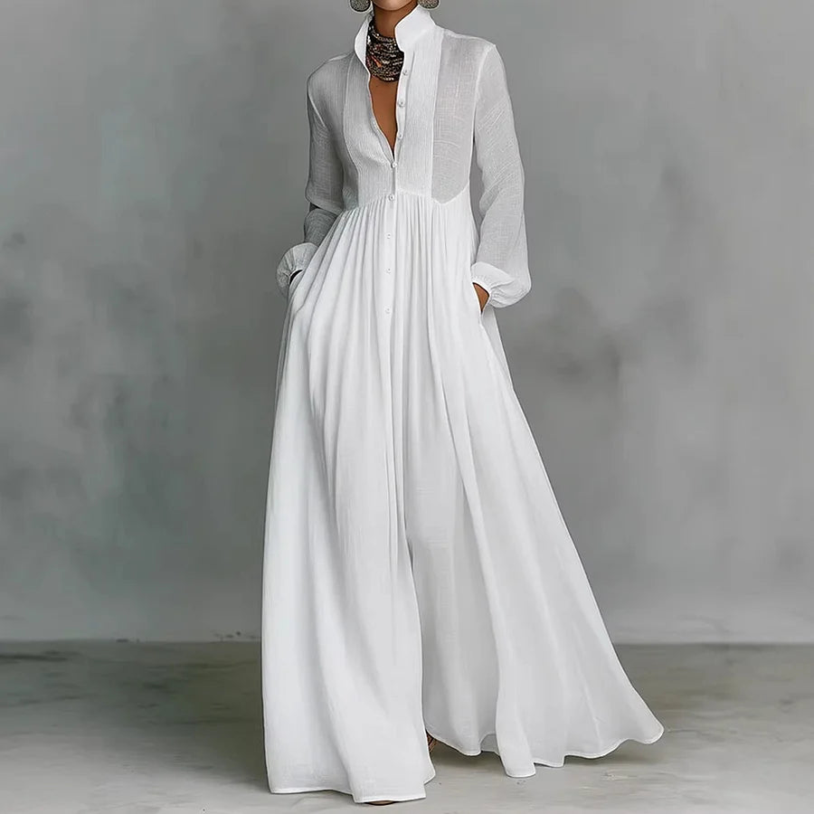 Cardydony Women's Casual Solid Color Pleated Cotton Linen Maxi Dress