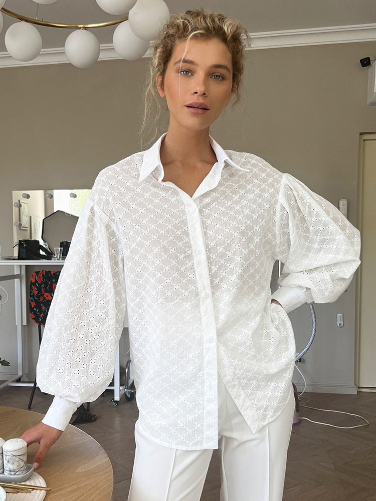 Cardydony Women's Romantic Eyelet Cotton Balloon Sleeve Button Down Blouse