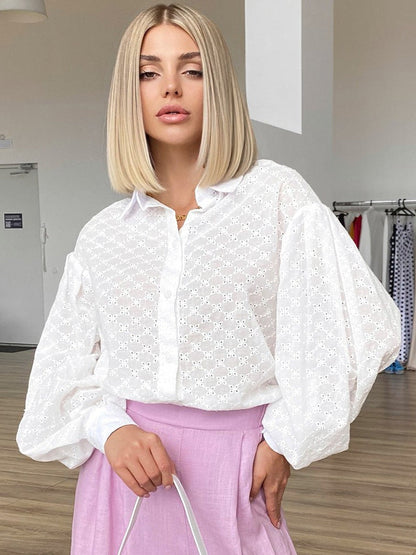 Cardydony Women's Romantic Eyelet Cotton Balloon Sleeve Button Down Blouse