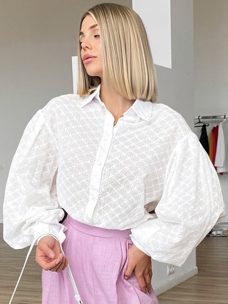 Cardydony Women's Romantic Eyelet Cotton Balloon Sleeve Button Down Blouse