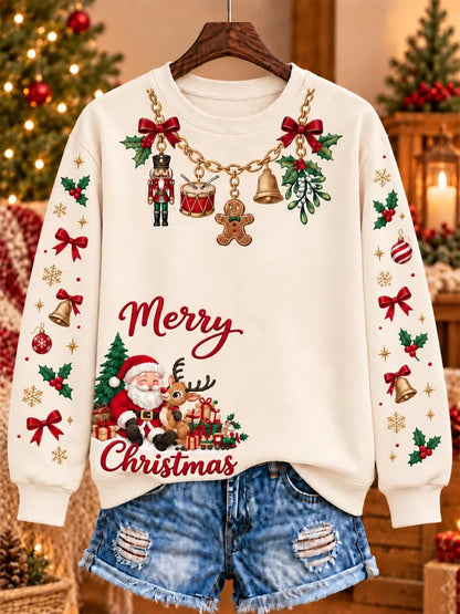 Cardydony Women's Christmas-themed Santa Sleigh And Gingerbread Man Print Crewneck Sweatshirt