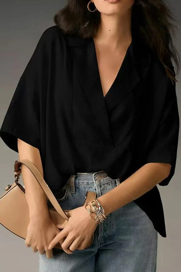 Cardydony Women's Solid Color Loose Lapel Short-sleeved Casual Shirt