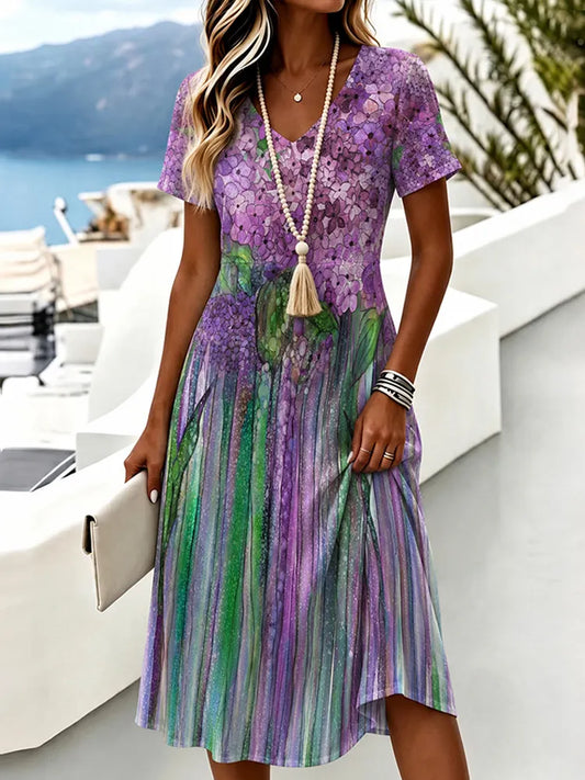 Cardydony Women's Vintage Purple Floral Oil Painting Art Cotton Linen Casual Dress