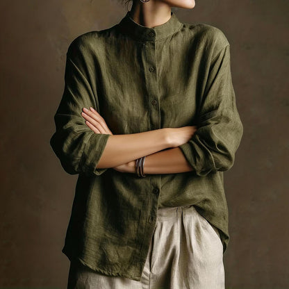 Cardydony Vintage Loose Cotton Linen Stand Collar Long Sleeved Shirt