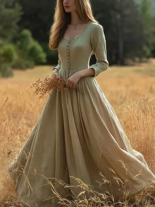 Cardydony Classic Elegant Buttoned Flowy Linen Maxi Dress
