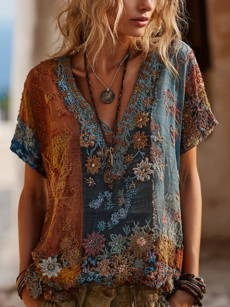Cardydony Bohemian-style Plant-dyed Knitted Floral Loose Patchwork Short-sleeved Top