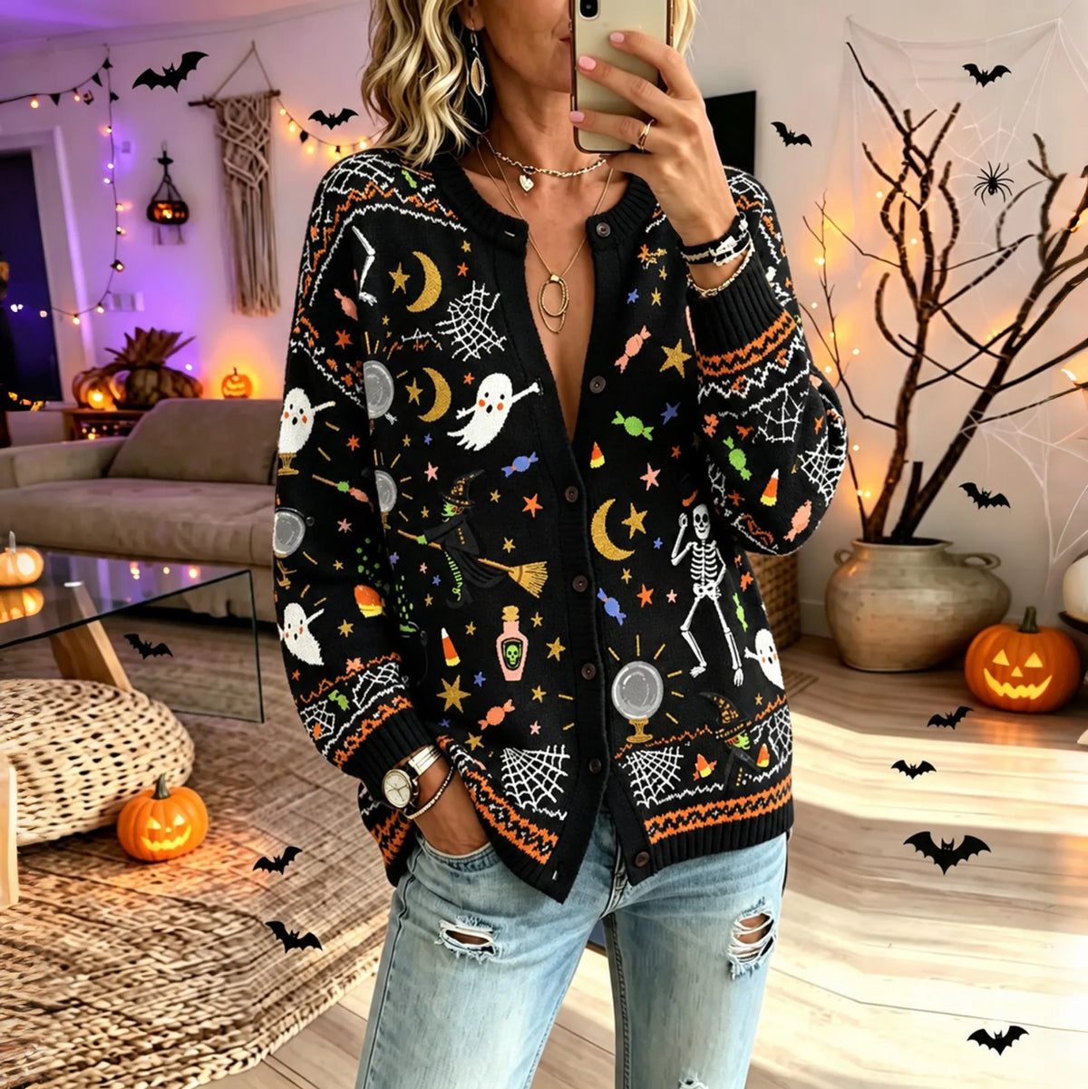 Cardydony Women's Halloween Witch Ghost Knitted Jacquard Cardigan