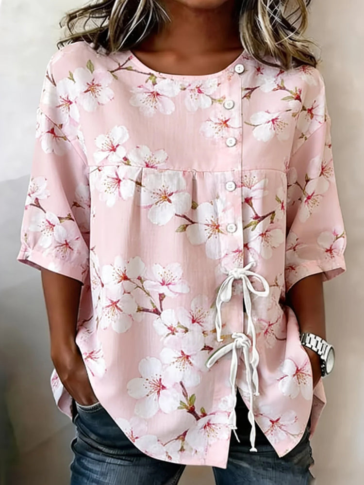 Cardydony Women's Cherry Blossom Pattern Short-sleeve Top
