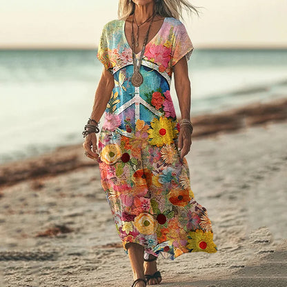 Cardydony Vintage Hippie Vibe Peace And Love Hippie Floral Painting Art Pattern Linen Blend V-neck Loose Midi Dress
