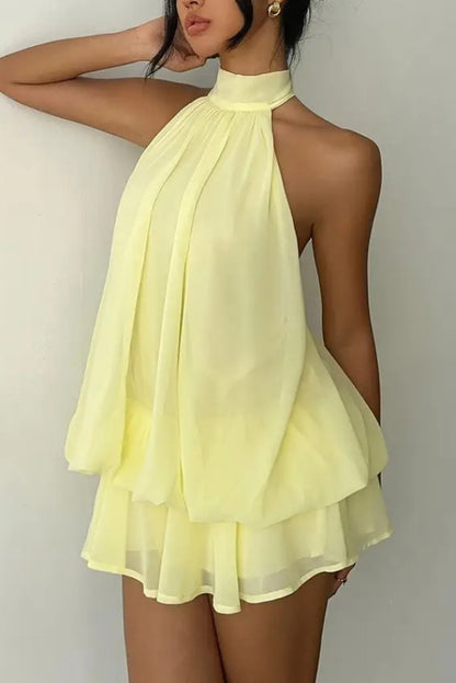 Cardydony Women's  Fashionable Chiffon Halter Neck Backless Lace-up Casual Vacation Mini Dress