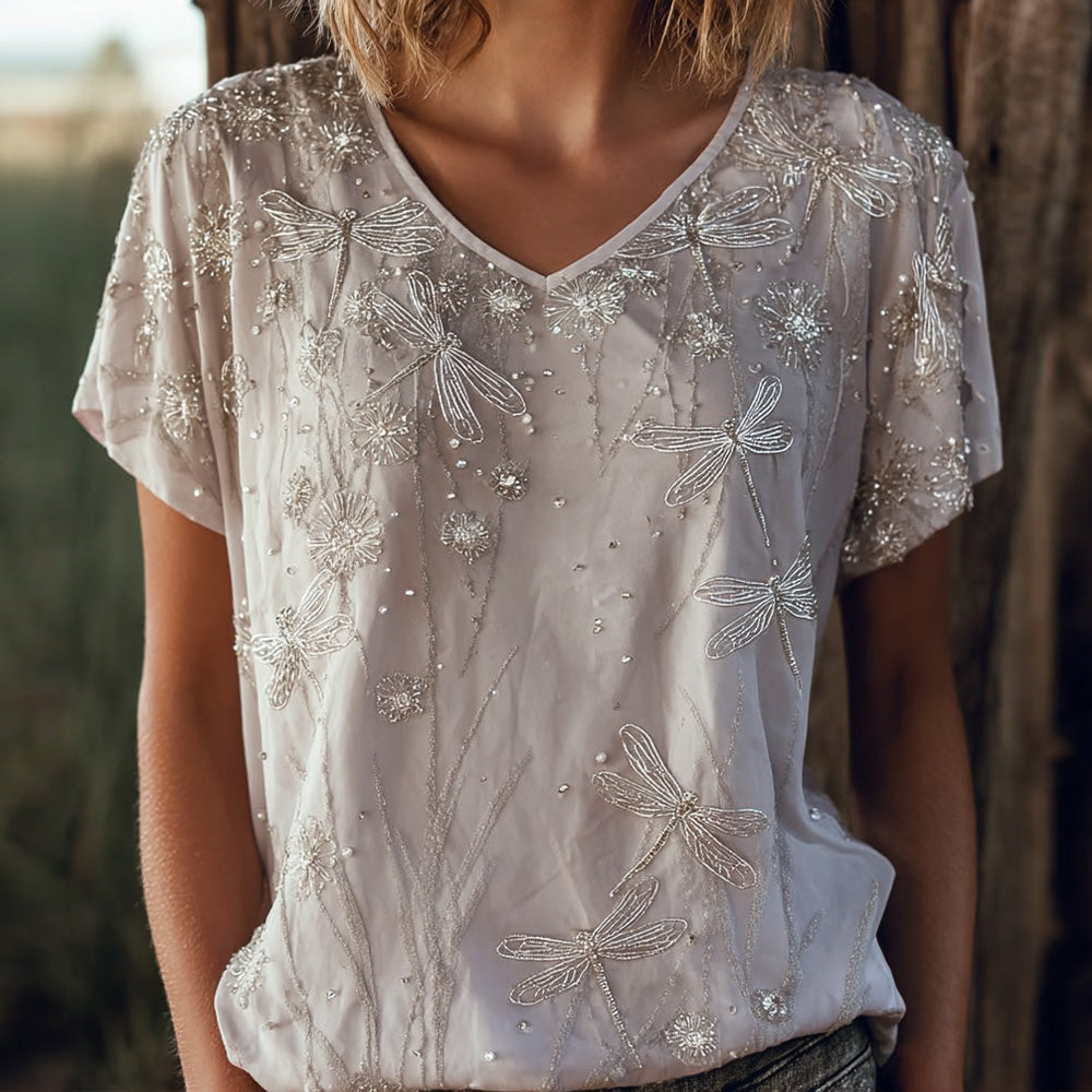 Cardydony Boho Beaded Rhinestone Women V Neck Short Sleeve Top
