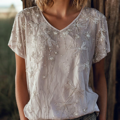 Cardydony Boho Beaded Rhinestone Women V Neck Short Sleeve Top