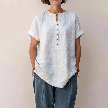 Cardydony Women's Solid Color Stand Collar Button Linen Blend Shirt