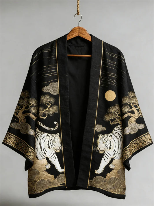 Cardydony Japanese Tigers & Pine Trees Art Linen Kimono
