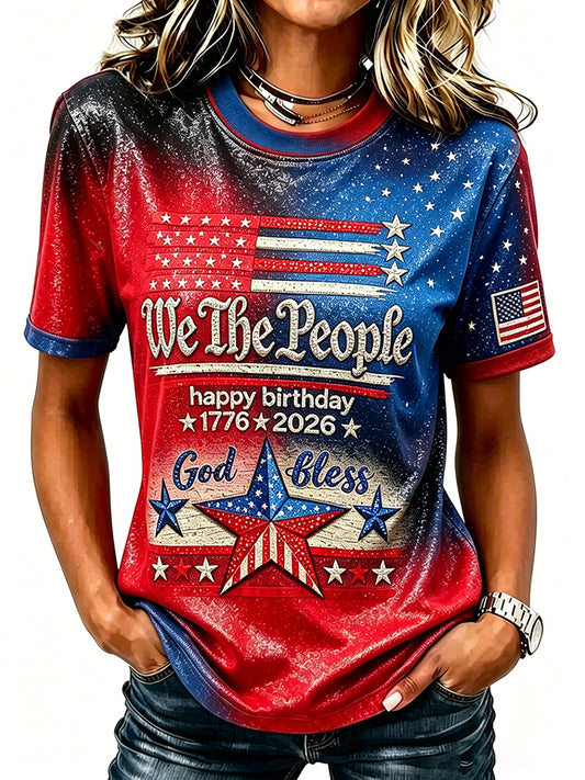 Cardydony Women's Retro Independence Day Anniversary Flag Print T-shirt