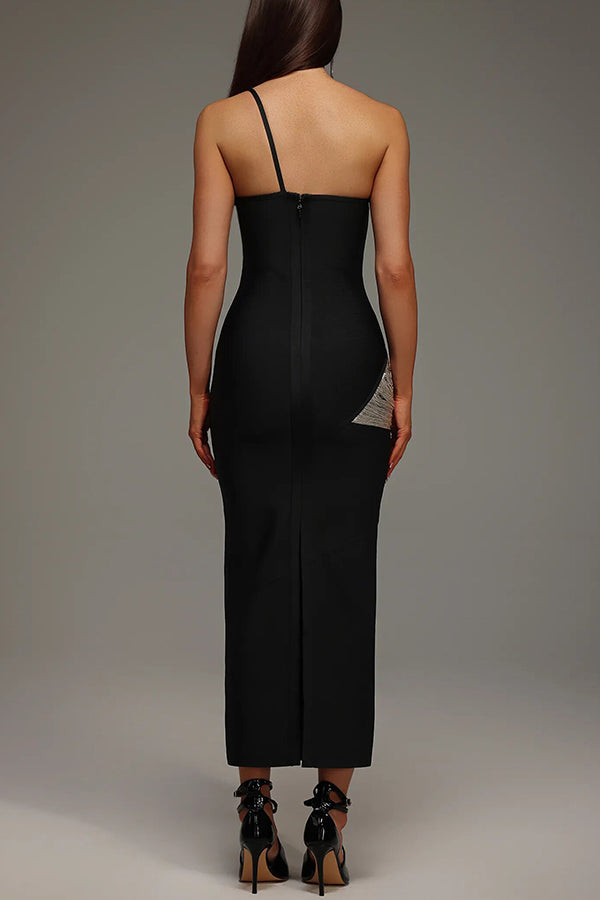 Cardydony Women's Roanna One Shoulder Sleeveless Glossy Tassels Bandage Maxi Dres
