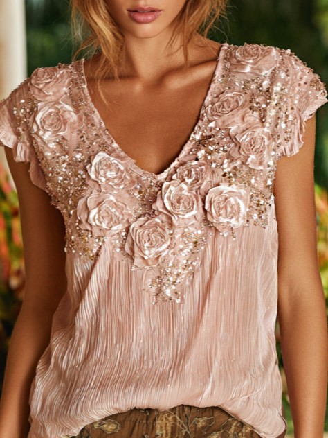 Cardydony Women's Bohemian Style Floral Rose And Sequin Comfortable Short-sleeve Top