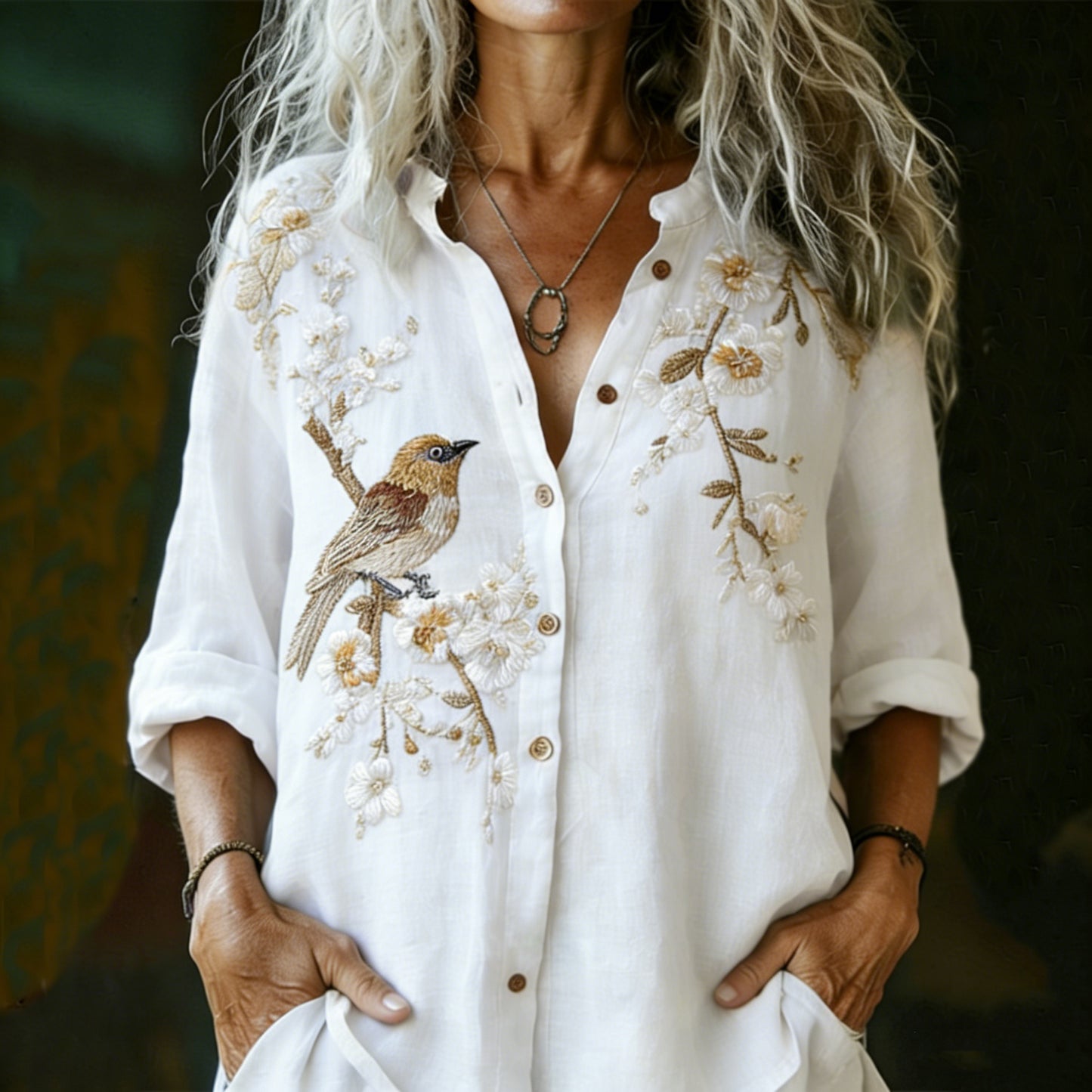 Cardydony Women's Vintage Floral And Bird Print Long-sleeve Shirt