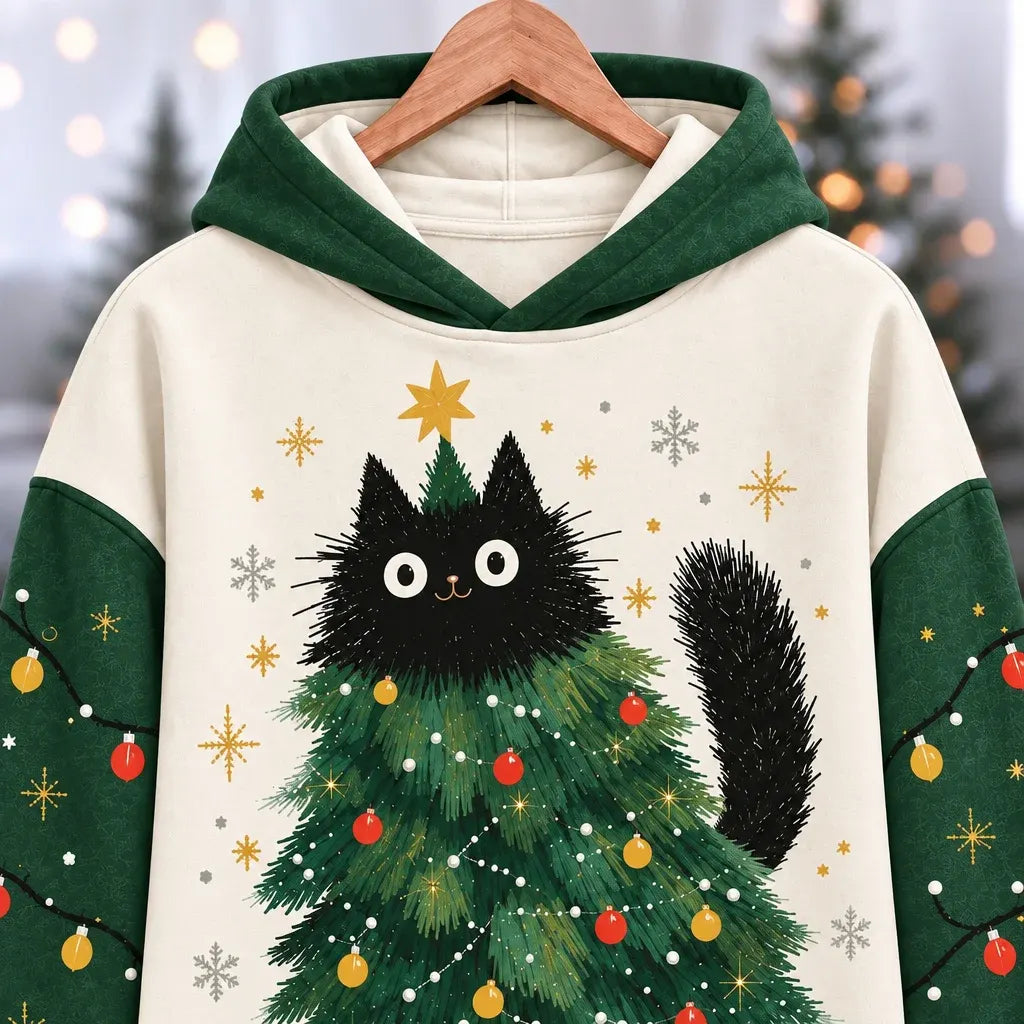 Cardydony Women's Christmas Funny Black Cat Casual Pullover Hoodies