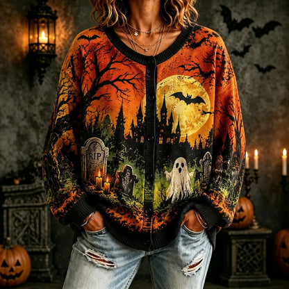 Cardydony Women's Halloween Cardigan Sweater - Haunted Castle, Full Moon, Ghost & Tombstones Print