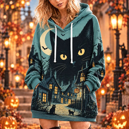 Cardydony Women's Teal Halloween Black Cat, Village And Moon Print Oversized Hoodie