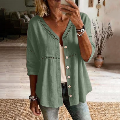 Cardydony Women's Solid Color Openwork Lace Patchwork Comfortable Linen Blend Cardigan