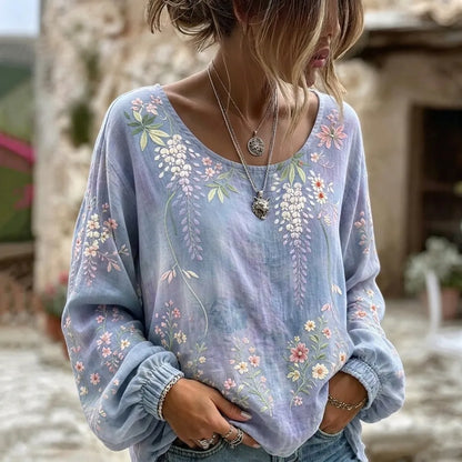 Cardydony Women's Vintage Autumn And Winter Floral Art Print Flowy Linen Blend Long Sleeve T-shirt