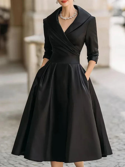 Cardydony Vintage-inspired Satin Midi Dress With Draped Collar