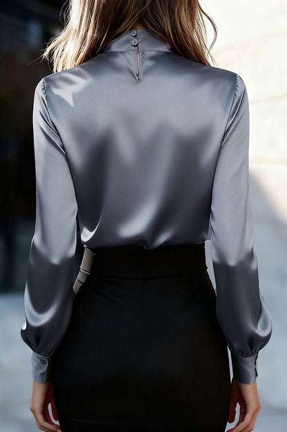 Cardydony Women's Solid Color Satin Long-sleeved Casual Tie-front Shirt