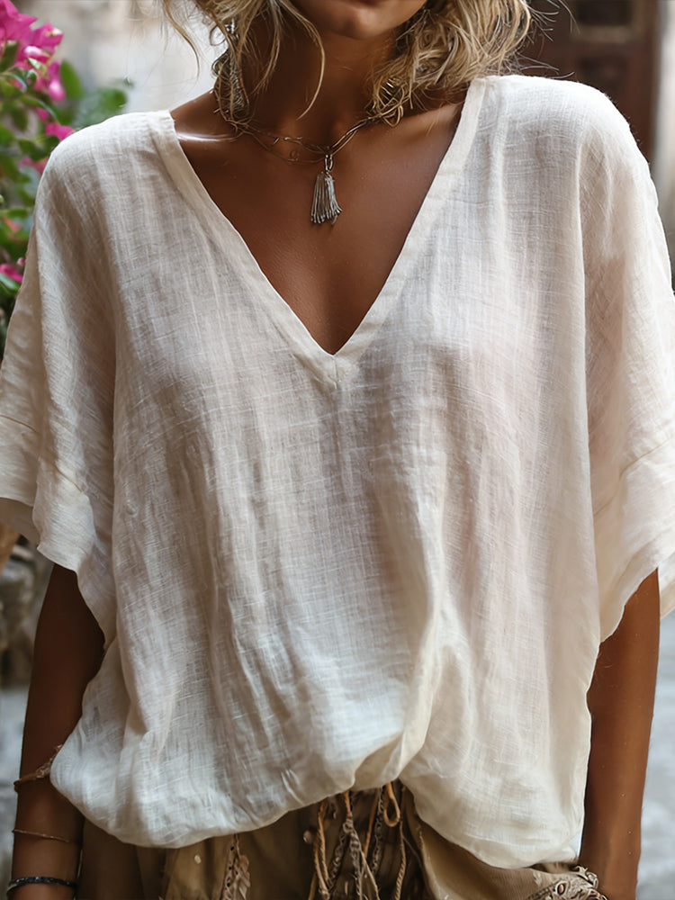 Cardydony White Washed Linen V-neck Short Sleeve