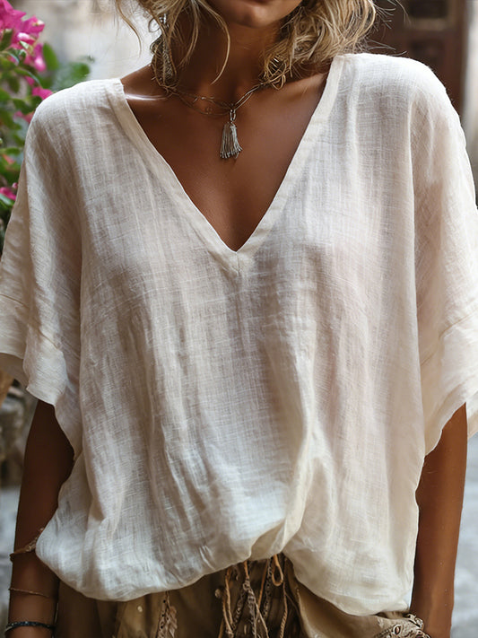 Cardydony White Washed Linen V-neck Short Sleeve