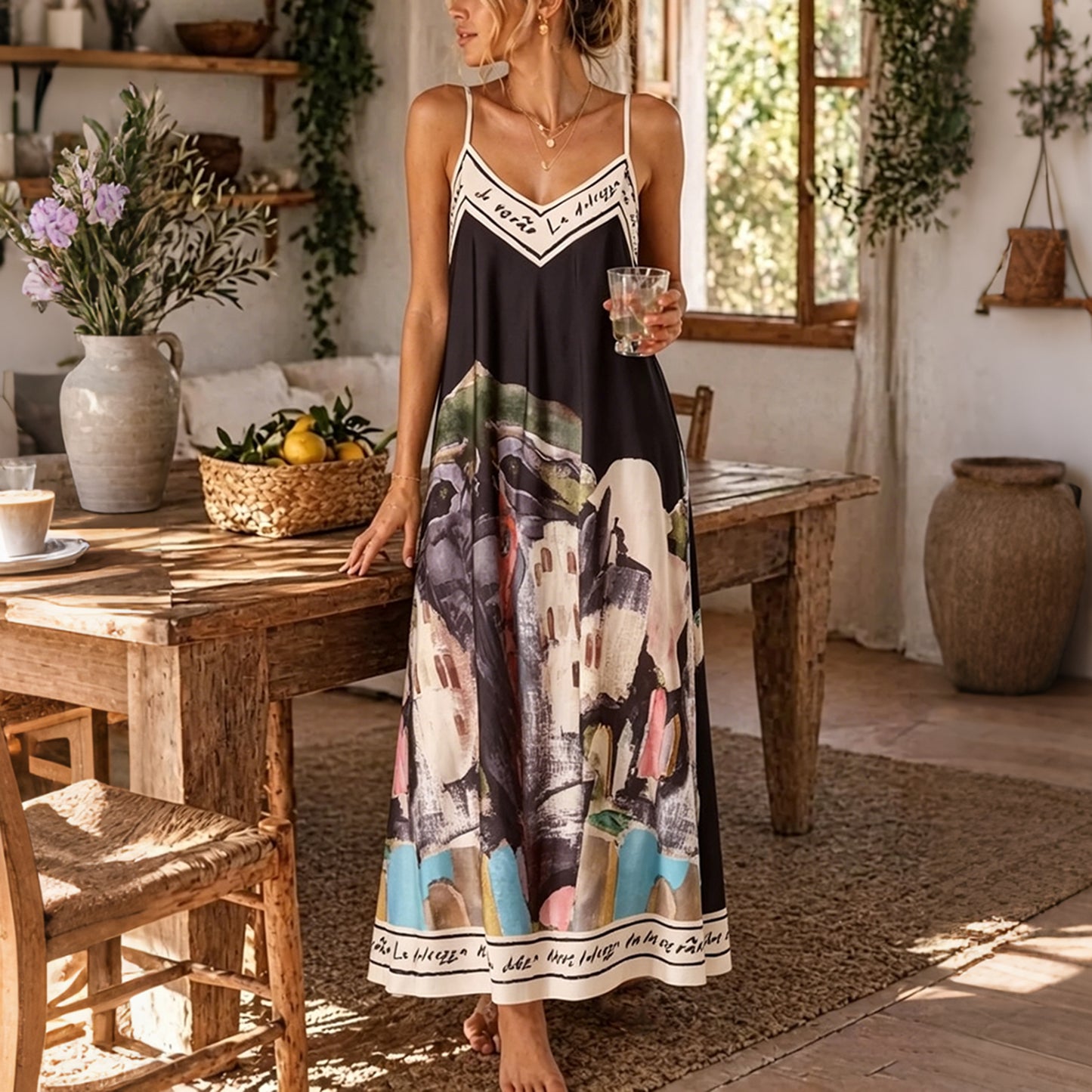 Cardydony Satin Cami Print Swing Sleeveless Maxi Dress