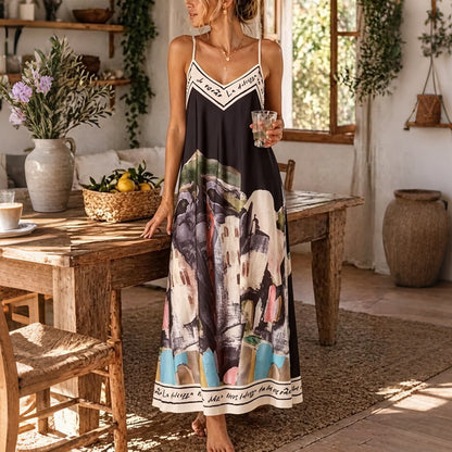 Cardydony Satin Cami Print Swing Sleeveless Maxi Dress
